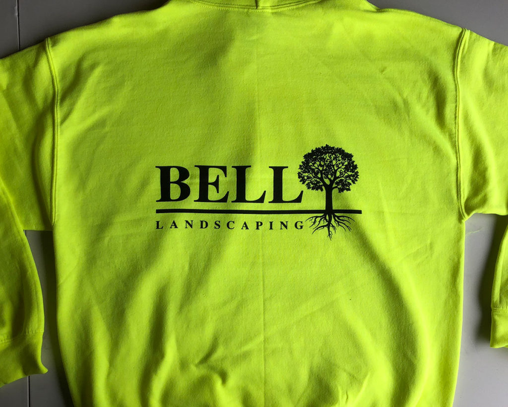 back of adult hoodie for Bell Landscaping by B3 Screen Printing