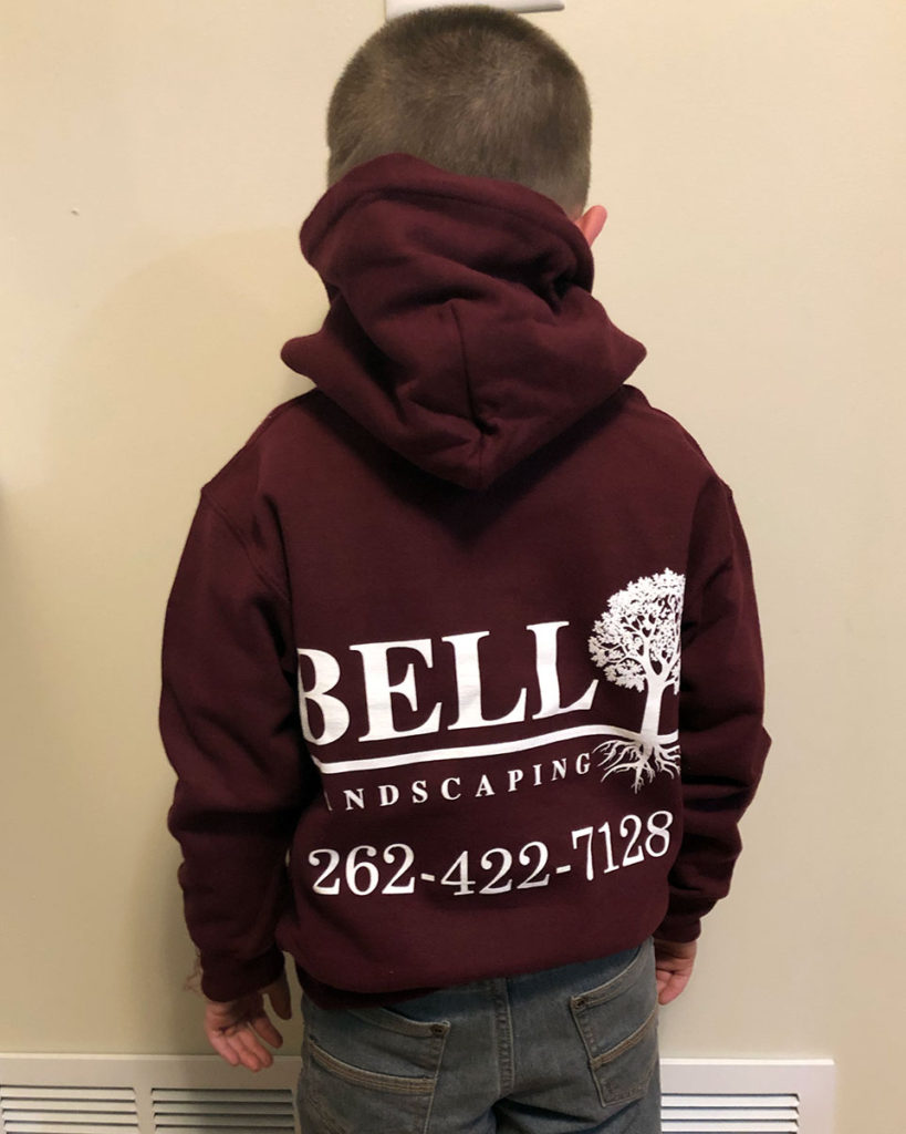 back of child hoodie for Bell Landscaping by B3 Screen Printing